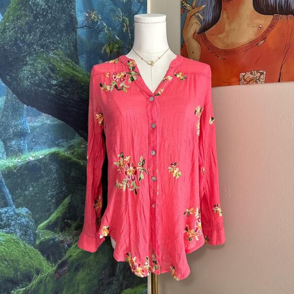 fig and flower embroidered floral blouse pink coral button down pm - Picture 5 of 5